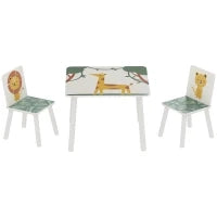 Set Arredo Cameretta con Tavolo e 2 Sedie per Bambini da 3-8 Anni con Fantasia con Animali, Verde