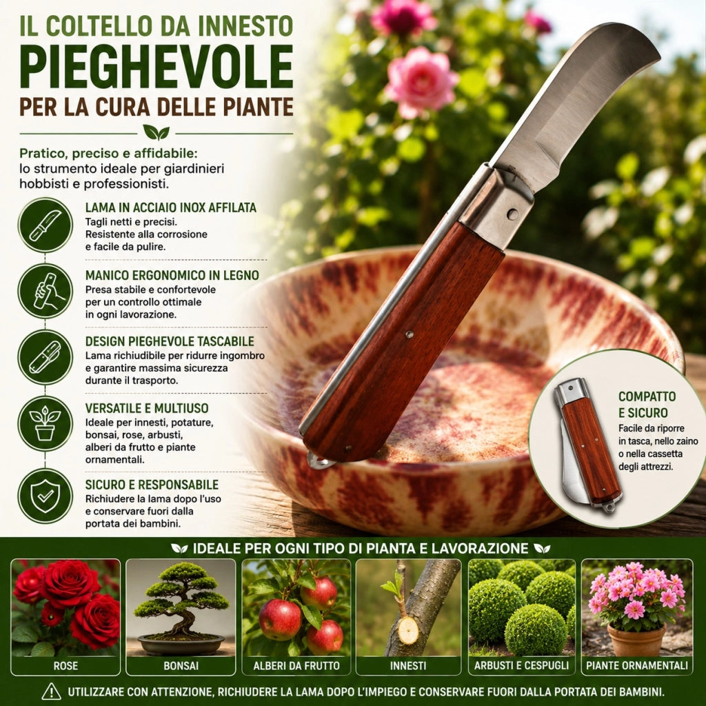 Coltello Innesto Pieghevole Lama Inox Manico Legno Giardinaggio