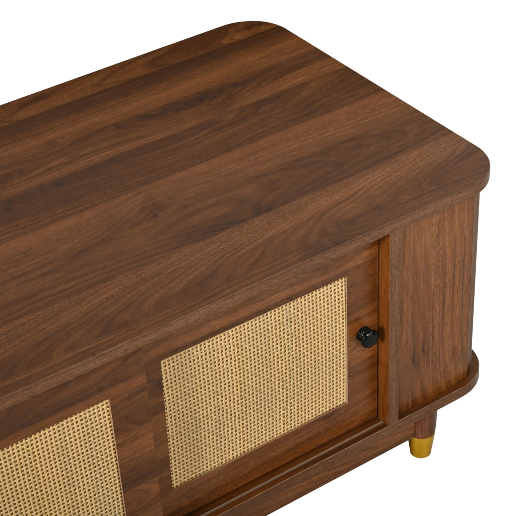 Tavolino da salotto con porte scorrevoli in rattan; vano contenitore; MDF; noce
