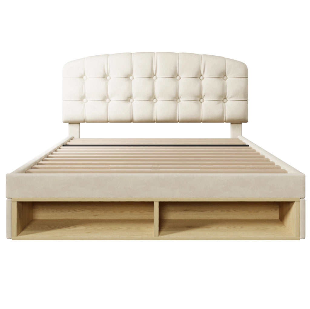 Letto imbottito 140x200 cm con testiera regolabile; cassetti e contenitori; velluto beige