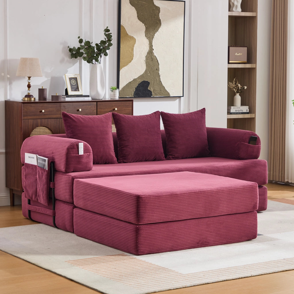 Divano modulare in corduroy con pouf e tasca laterale 200x190x67 cm; bordeaux vino
