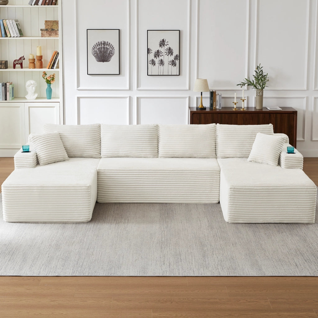 Divano modulare a U per soggiorno con seduta profonda e supporto ergonomico senza montaggio in velluto a coste beige