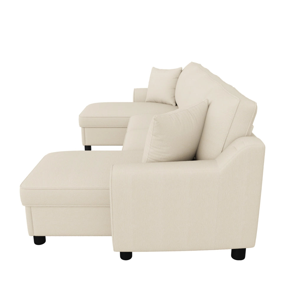 Divano a U in chenille beige con chaise longue contenitore; 280x137x84 cm