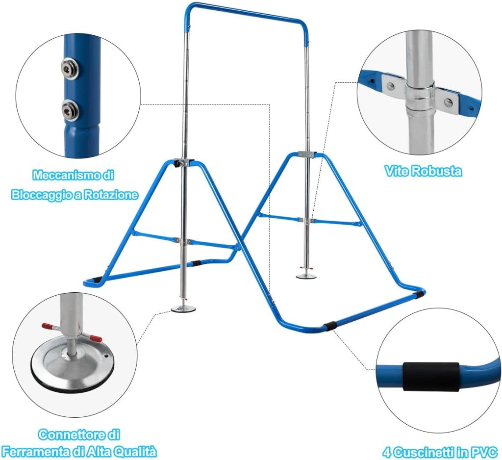 COSTWAY Sbarra Ginnastica Artistica Pieghevole con Struttura Triangolare e 4 Cuscinetti Antiscivolo, Altezza Regolabile in 4 Posizioni da 90 a 142 cm, Barra per Ginnastica per Bambini