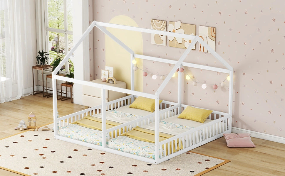 DESMIU Letto a casetta per bambini 2 posti con sponde e divisorio centrale, 90 × 200 cm, senza materasso, bianco