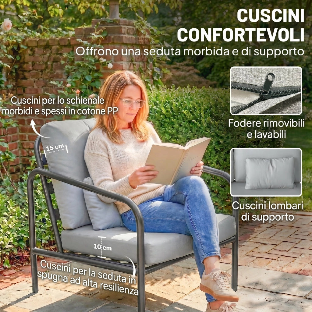 Set 4 Pezzi Salotto da Giardino con Divano 2 Posti 2 Poltrone e Tavolino in Acciaio Grigio Chiaro