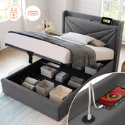 OKWISH Letto Contenitore 90×200 cm, Letto Singolo con Porte USB, Tipo C e Testiera, senza Materasso, in Cotone Lino Grigio