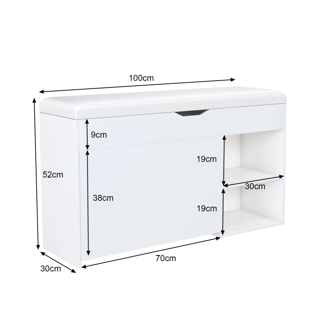 Scarpiera con seduta e vano interno girevole con coperchio apribile per ingresso e soggiorno in MDF bianco 100 × 30 × 52 cm