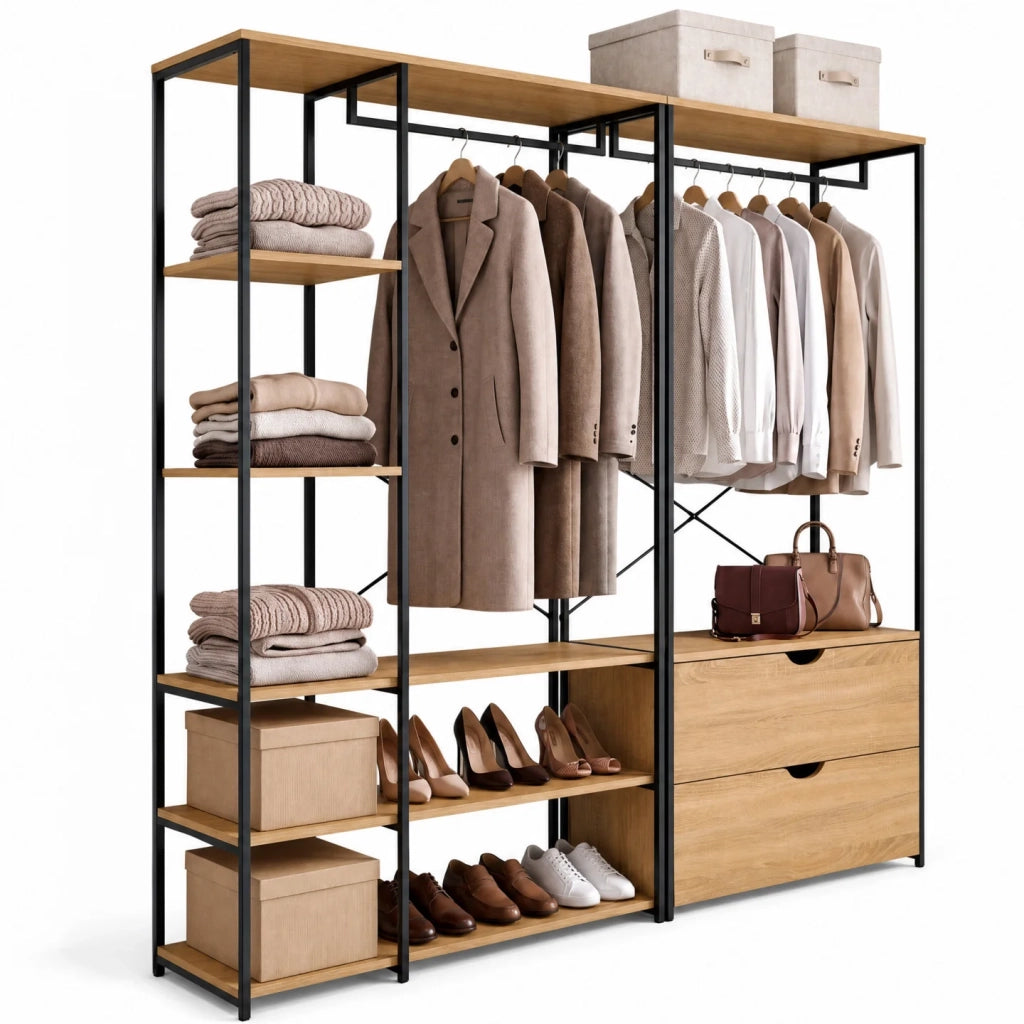 IDMarket - Armadio componibile con doppio guardaroba, ripiani e 2 cassetti L. 170 cm DETROIT design industriale