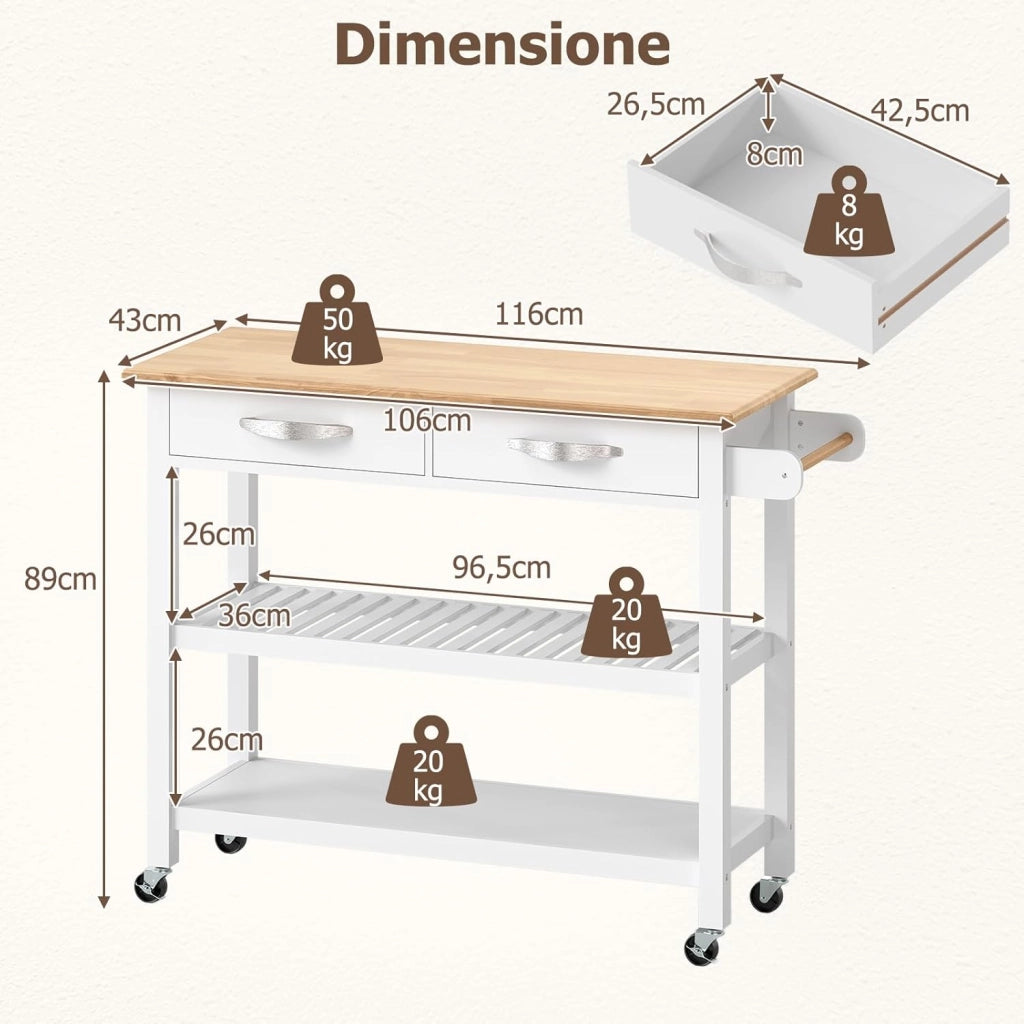 Carrello da Cucina con Ruote Multiuso, Mobile Cucina Salvaspazio in Legno, con 2 Cassetti e 2 Ripiani Aperti, Credenza per Sala da Pranzo, 116 x 43 x 89 cm (Bianco)