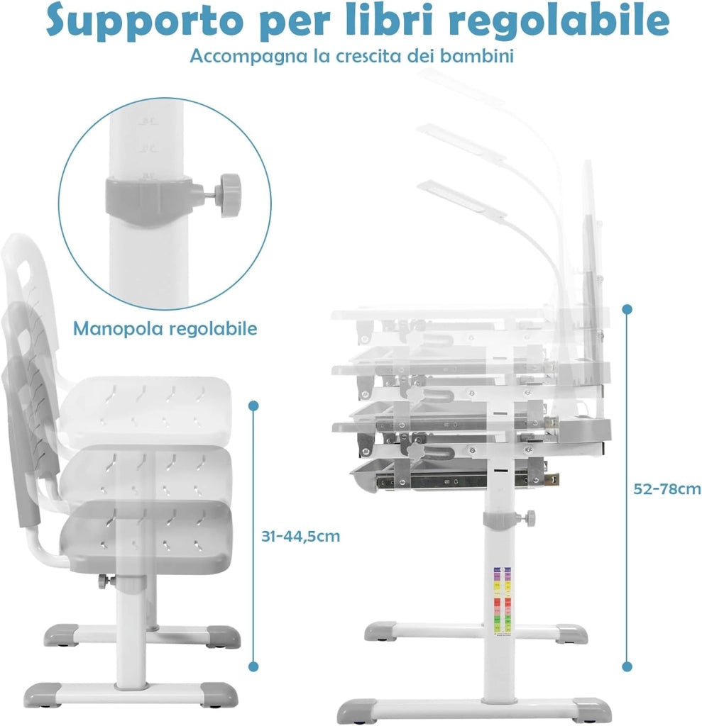 Set Scrivania e Sedia per Bambini, Tavolo Regolabile in Altezza con Piano Inclinabile 45° e Luce LED 3 Modalità, Tavolo e Sedia Ergonomica in Materiali Sicuri per 4+ Anni (Grigio)