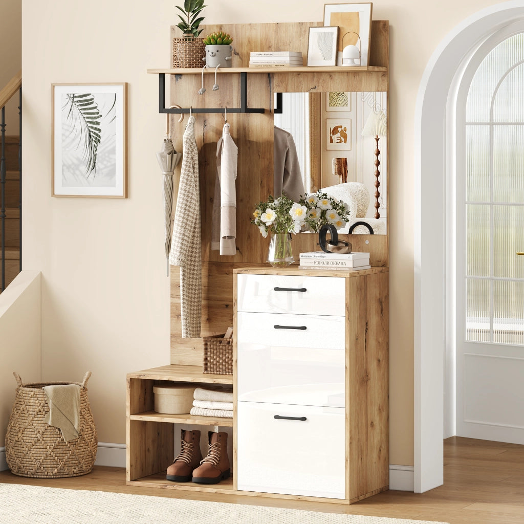 OKWISH Mobile da ingresso con 1 Cassetto, 2 Armadi, Specchio e Panca Scarpiera, Bianco e Legno Naturale 100 x 38.5 x 190 cm