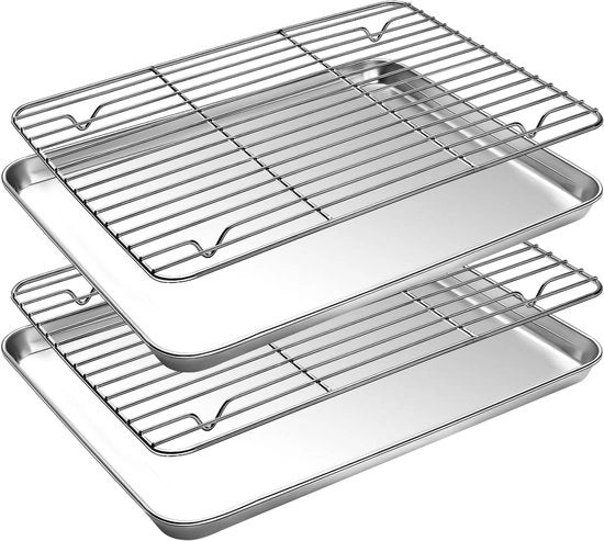 Set a due pezzi - Piccola teglia per forno con griglia - Teglia in acciaio inossidabile - Teglia per forno - 23,5 x 17,5 x 2,5 cm - Argento