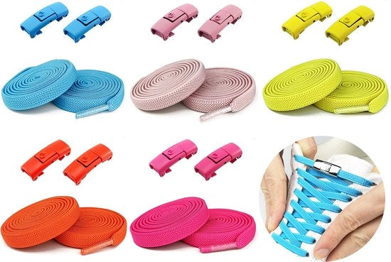 Viti elastiche - Viti per scarpe - Non più lacci - 5 paia - Unisex - Chiusura a giro - Viti sportive - Rondi - Viti per bambini - Corsa - Blu cielo/giallo chiaro/rossoblù/rosa chiaro/arancione - 100CM - 8MM