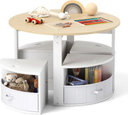 Set Tavolo e Sedie per Bambini a 5 Pezzi, Tavolino Rotondo Salvaspazio con 4 Sgabelli, Ripiano e 4 Cassetti in Tessuto, Set Mobili per Cameretta, Asilo e Disegnare (Naturale)