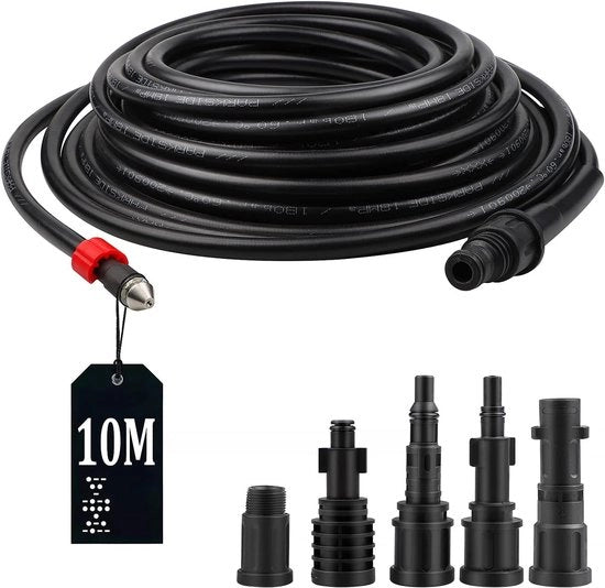 Kit di pulizia tubi 10 m - 180 bar - 60 °C - set di pulizia tubi con 5 adattatori - pulitore ad alta pressione - set di pulizia tubi.
