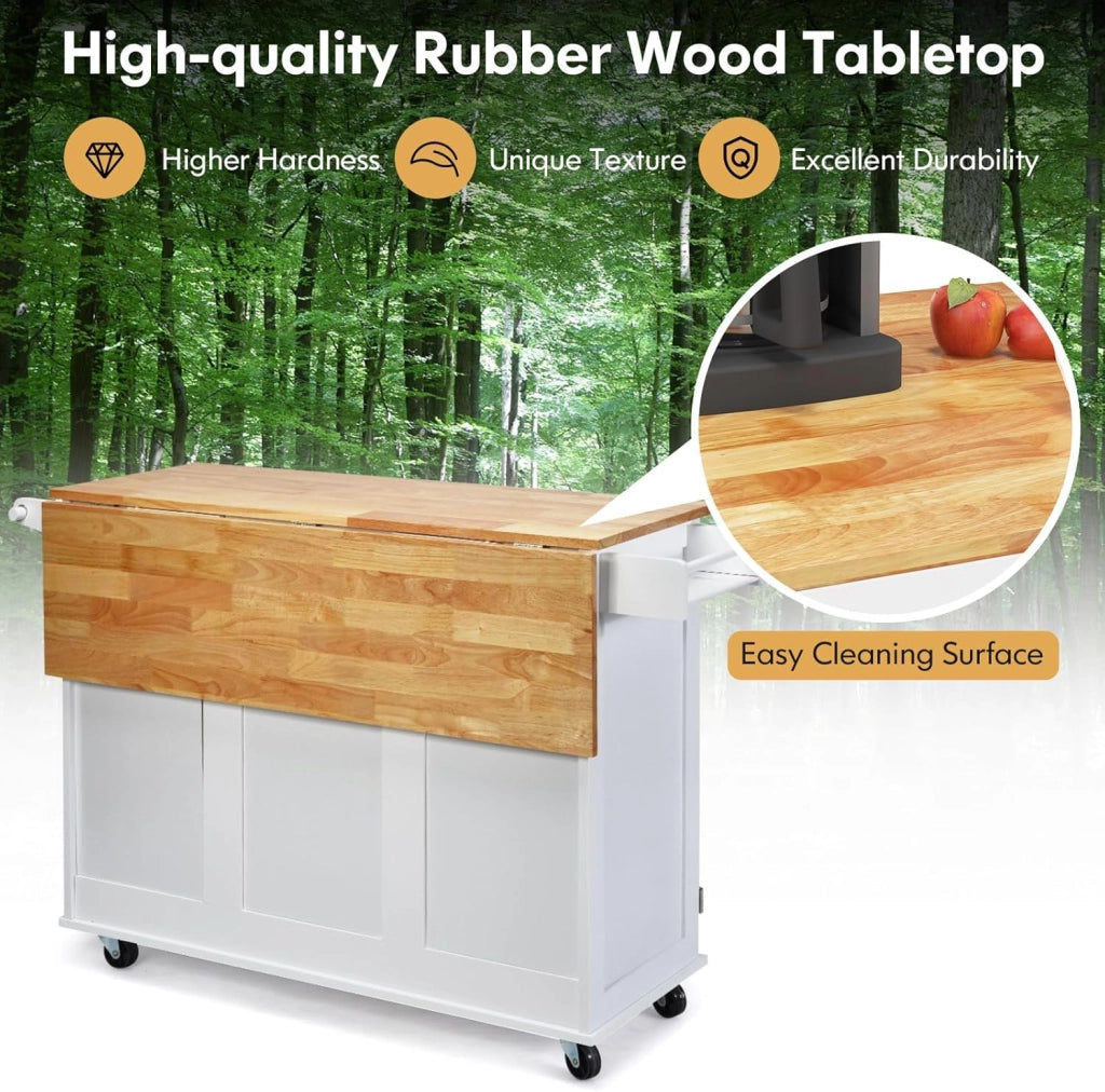 Carrello da cucina pieghevole, carrello di servizio, credenza da cucina, mobile da cucina in legno, ruote con 2 freni, piano pieghevole e 2 ripiani regolabili, 136 x 76 x 91 cm (bianco)