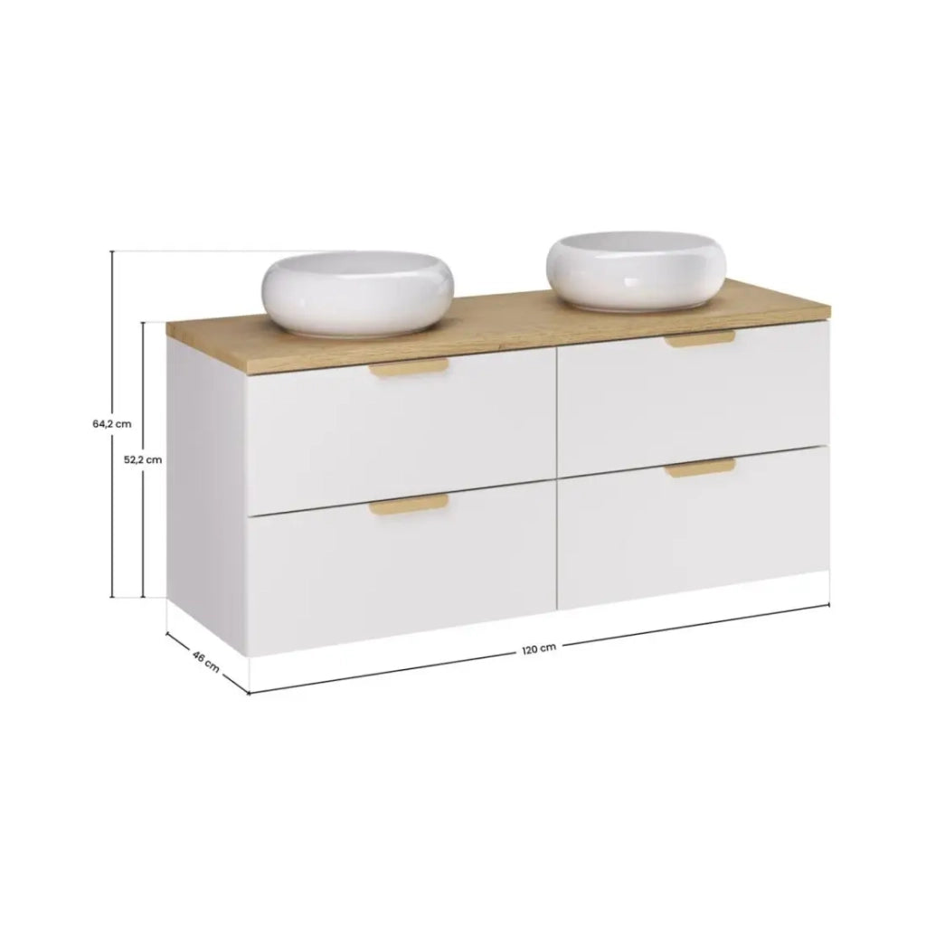 Set da bagno OSTER 120cm: mobile con cassetti sotto il lavabo + piano per il lavabo + lavabo da appoggio rotondo bianco