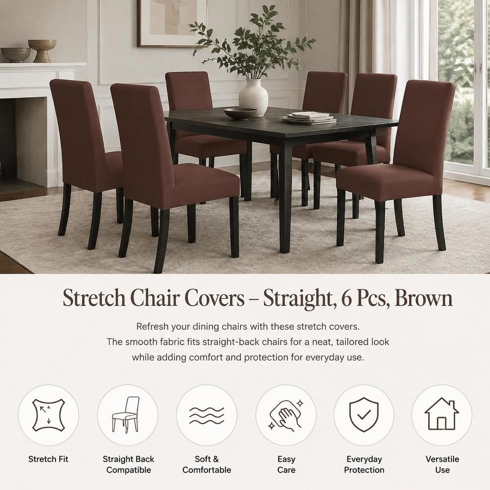 Stretch Chair Covers, Straight, 6 Pieces, Brown