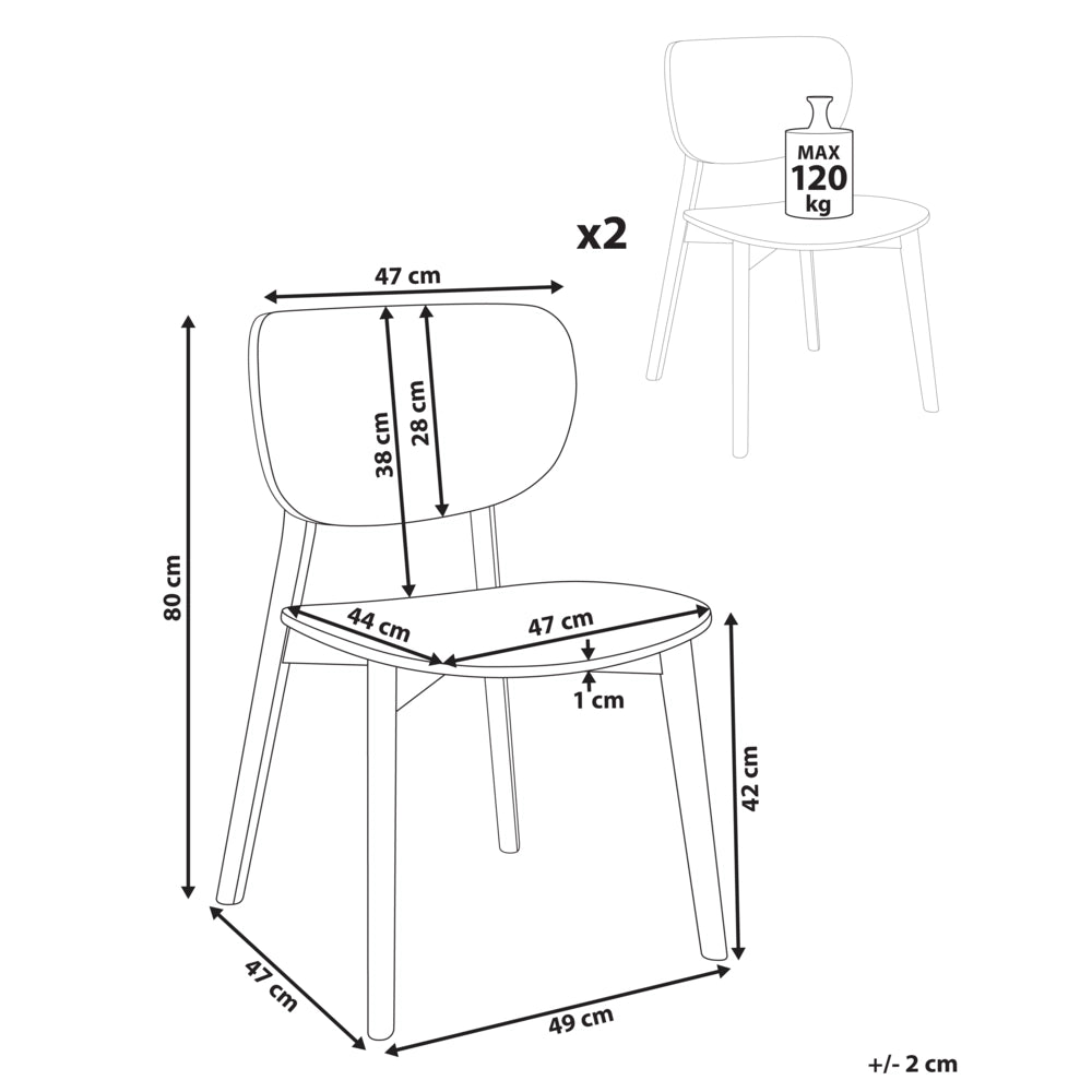 Set di 2 sedie da pranzo con struttura in legno di gomma marrone, senza braccioli, design minimalista