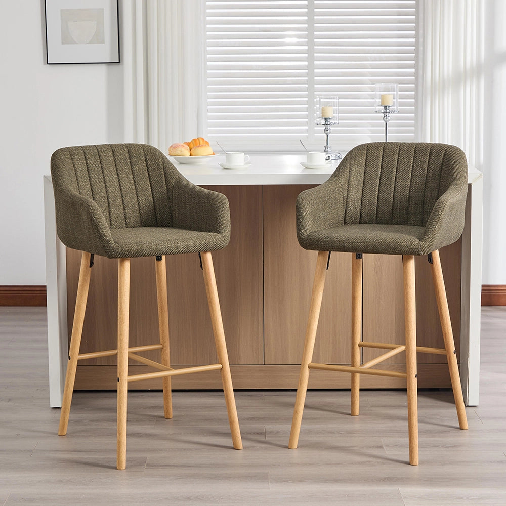 Sgabelli da bar moderni - Xylo - Schienale alto, braccioli, rivestimento in lino, gambe in legno