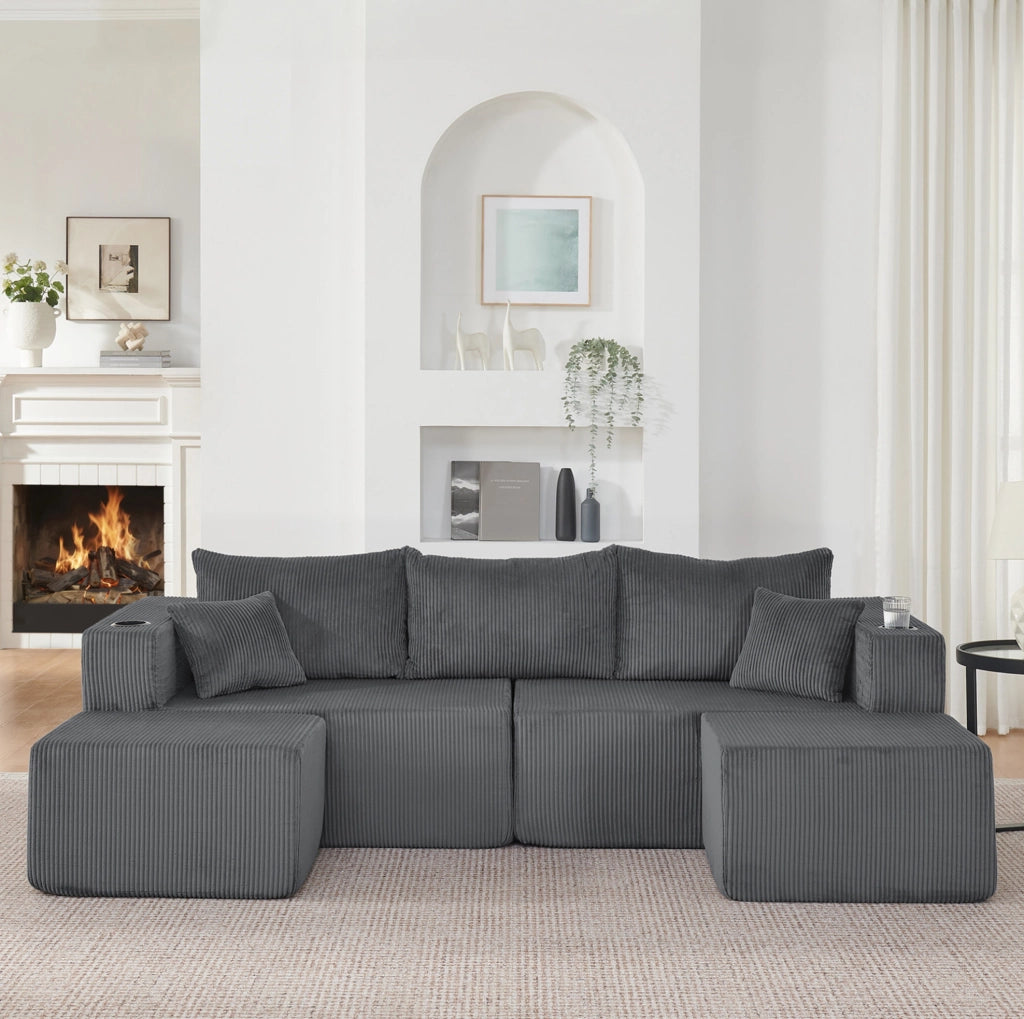 Divano angolare modulare 3 posti a L con 2 pouf mobili; tessuto effetto velluto a coste grigio