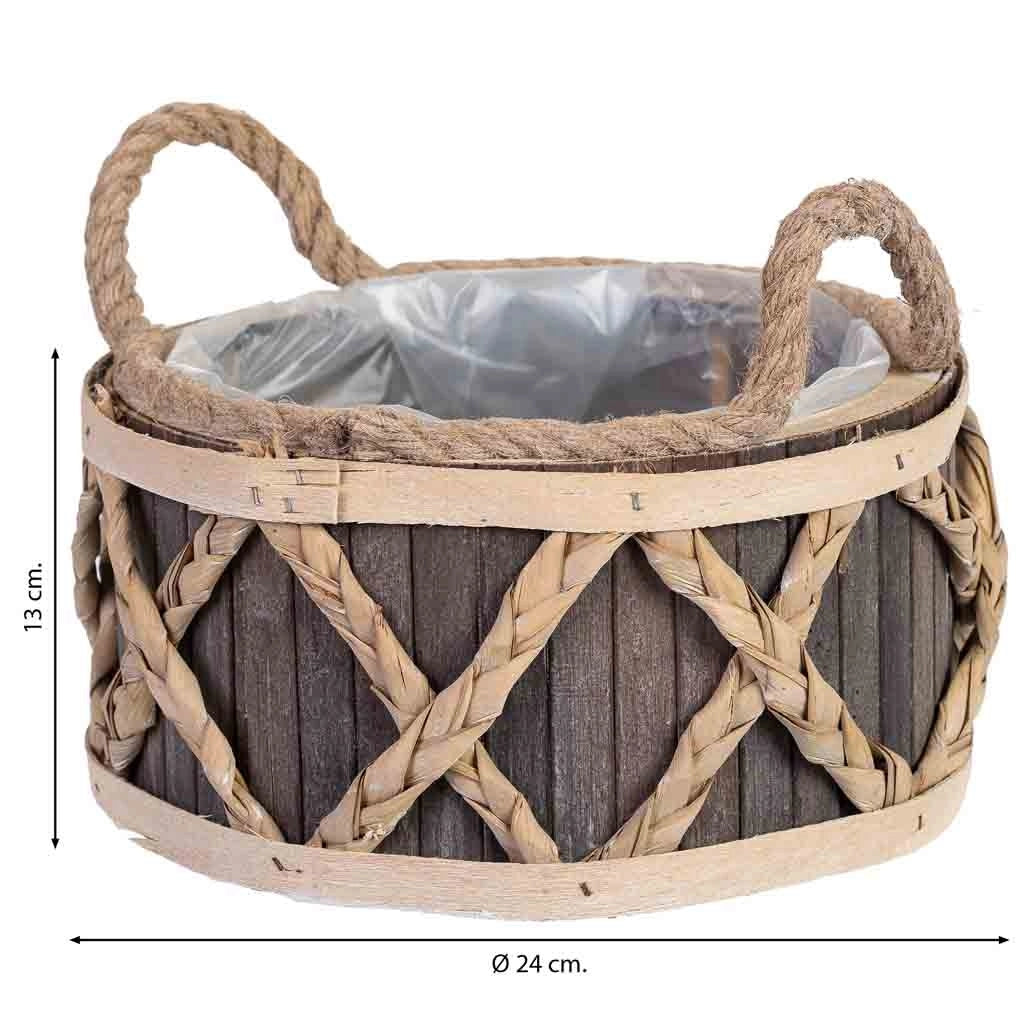 Cesto tondo in legno grigio con manici cm 24x24x13h
