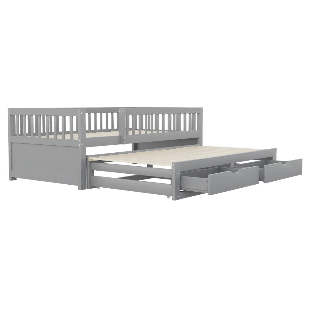 Letto estraibile singolo 90×200 cm con 2 cassetti; rete e barriera di sicurezza; senza materasso; legno; grigio