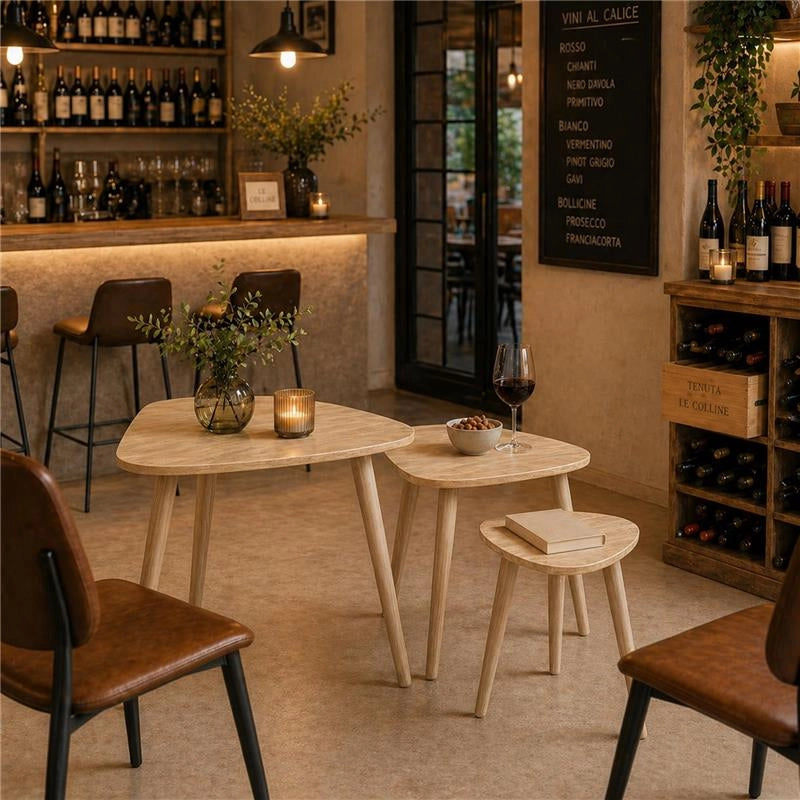 SET DI 3 TAVOLINI CON PIEDI IN LEGNO CHIARO E TOP IN MDF EFFETTO LEGNO CHIARO MISURE: 39X32CM, 48X38CM, 59X49CM