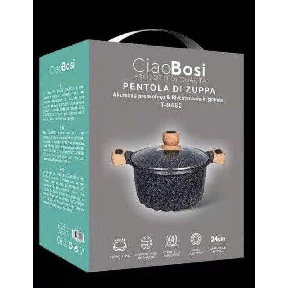 Trade Shop - Pentola Tegame Per Zuppa Rivestito In Granito Con Coperchio Vetro 24 Cm T-9482 -