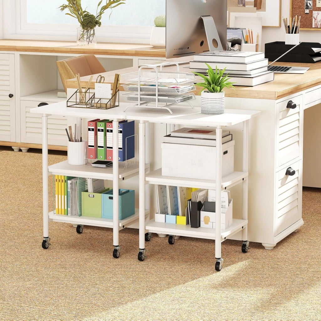Supporto per Stampante, Carrello Stampante a 3 Livelli con Ripiani di Stoccaggio e Ruote con Blocco, Altezza Regolabile, per Stampante 3D Scanner Fax, 49 x 40 x 65/77 cm (Bianco)