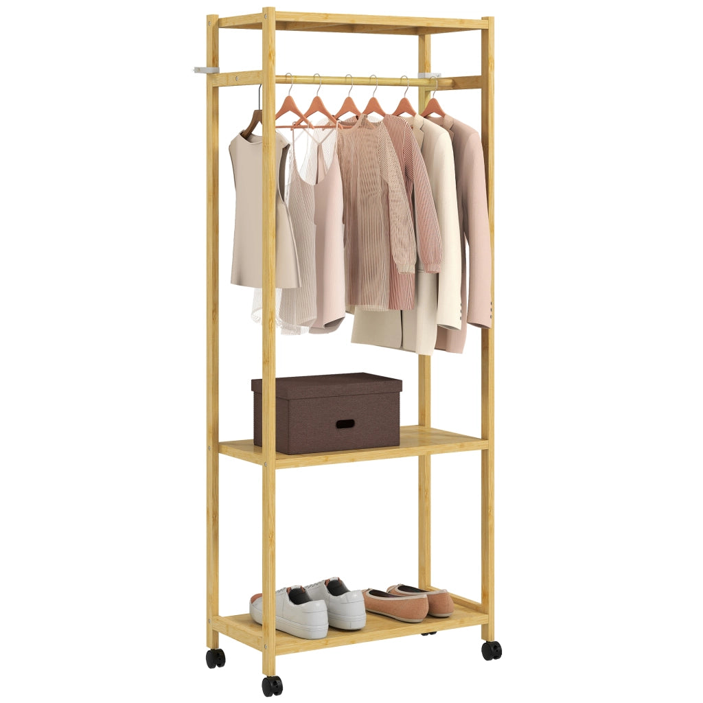 Stand Appendiabiti da Terra con Barra, Ripiani e 4 Ruote in Bamb¨´, 70x35x175 cm, Legno Naturale
