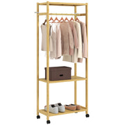Stand Appendiabiti da Terra con Barra, Ripiani e 4 Ruote in Bamb¨´, 70x35x175 cm, Legno Naturale