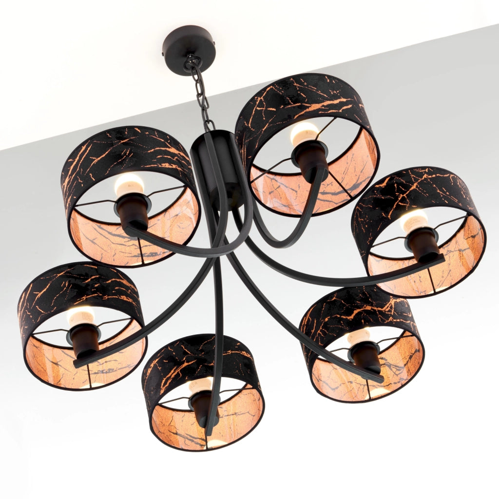 Lampadario Arthur nero rame 6xE27 15W catena Jupiter