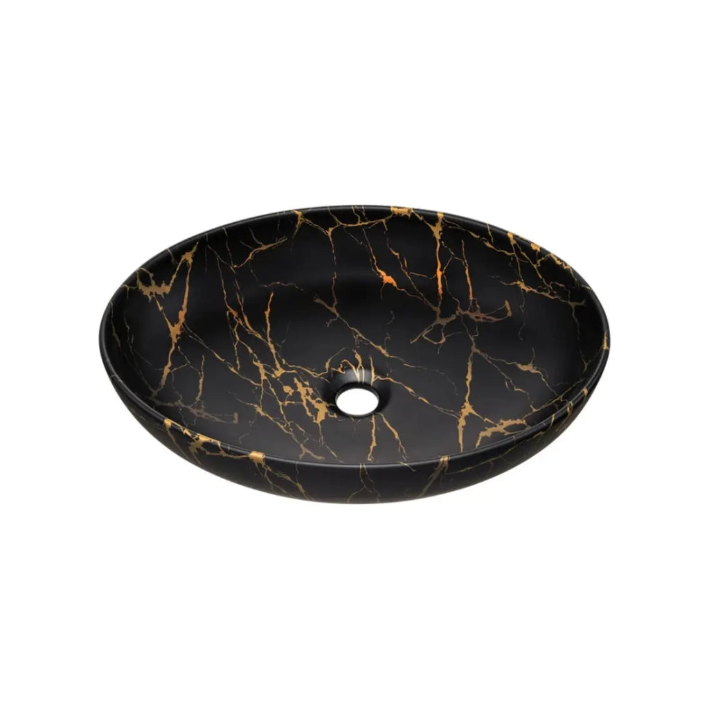 Lavabo da appoggio ovale 52x39,5 cm nero e dorato effetto marmo in ceramica