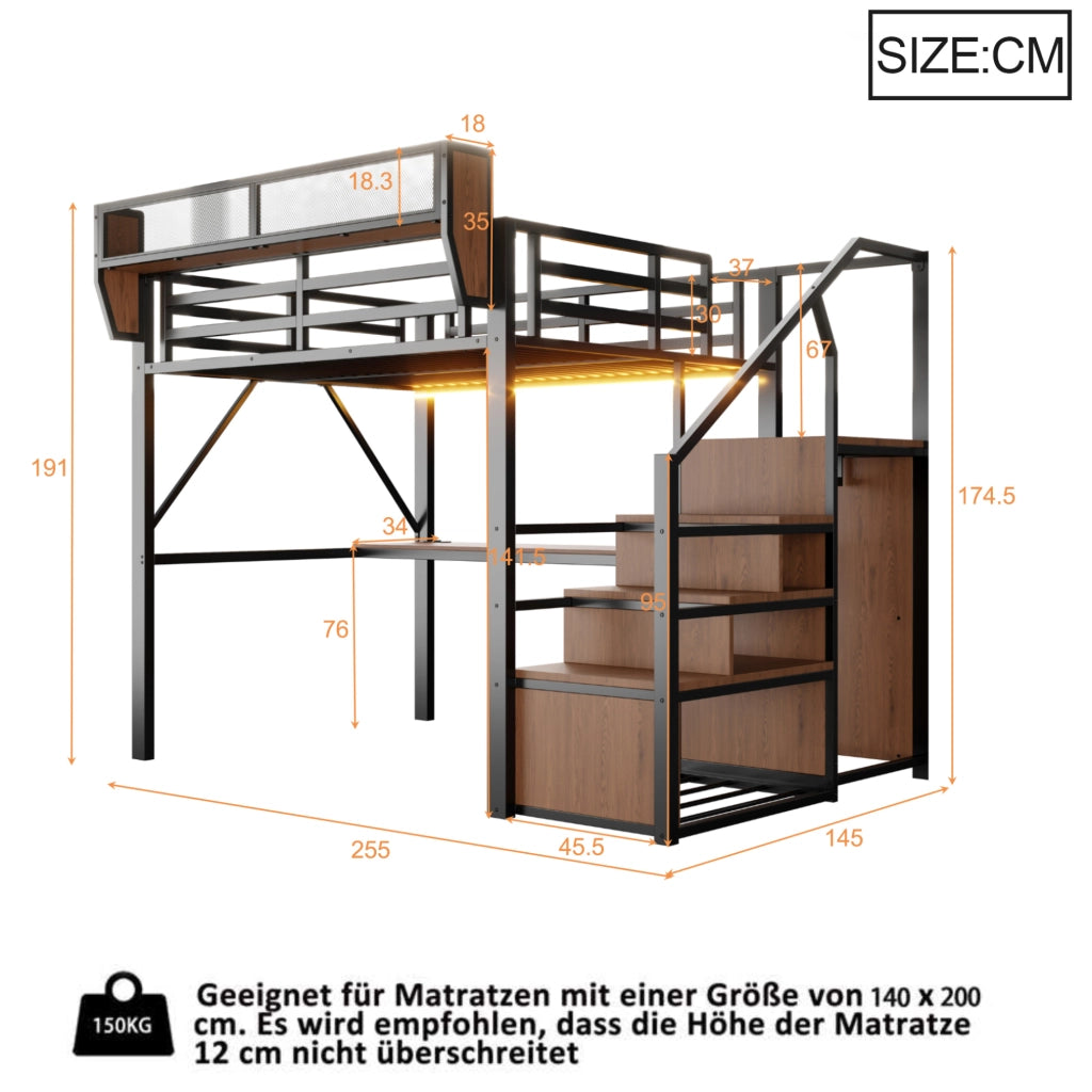 Letto a soppalco 140x200 cm in metallo e MDF nero con scrivania; LED; scala di sicurezza e ripiani
