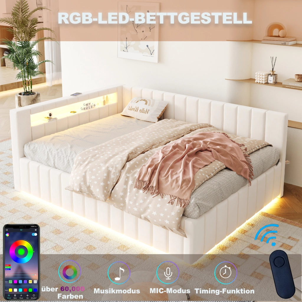 LETTO Contenitore 140x200 cm Imbottito Beige con LED, USB e Schienale