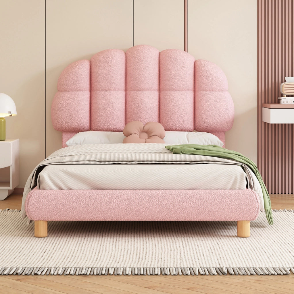 Letto singolo imbottito 90x200 cm in bouclé rosa con testiera regolabile