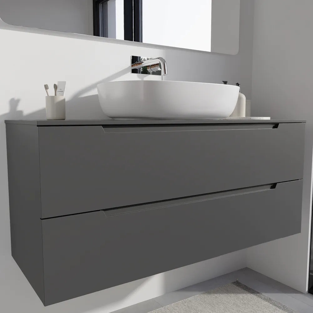 Mobile bagno sospeso 120cm grigio opaco due cassetti soft-close con top | Bako