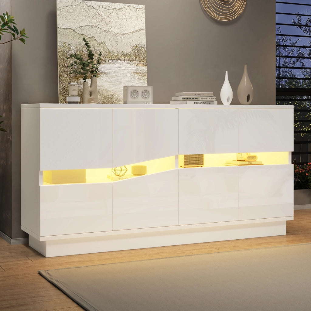 Credenza bianca lucida 140 x 35 x 70 cm con 4 ante LED in acrilico
