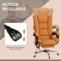 Poltrona da Ufficio Massaggiante e Riscaldata, Reclinabile con Poggiapiedi, Finta Pelle Marrone Chiaro