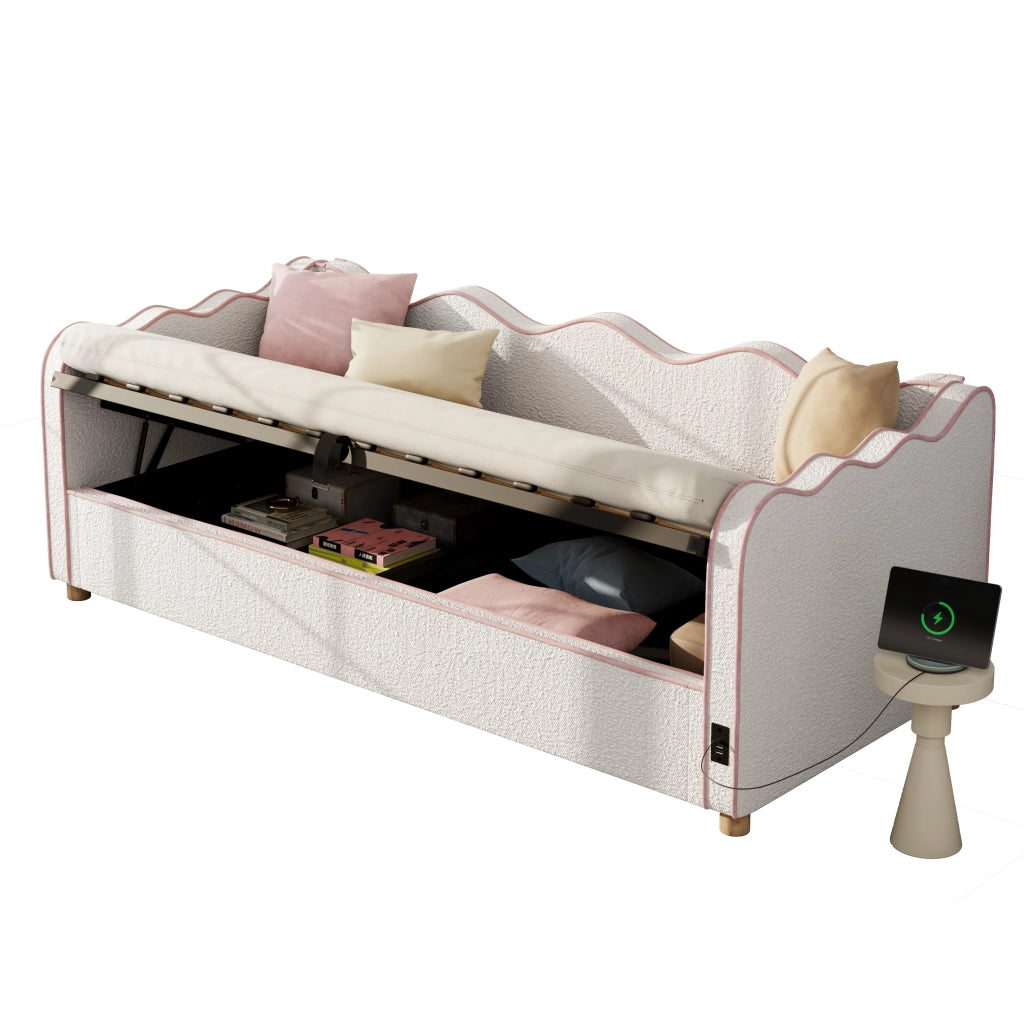 Letto per bambini 90 × 200 cm contenitore con sollevamento idraulico, USB et Type-C, senza materasso, beige
