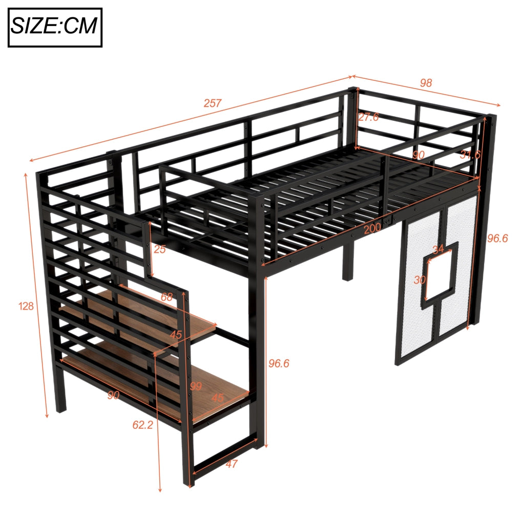 Letto a soppalco 90x200 cm in metallo con scala contenitore e LED