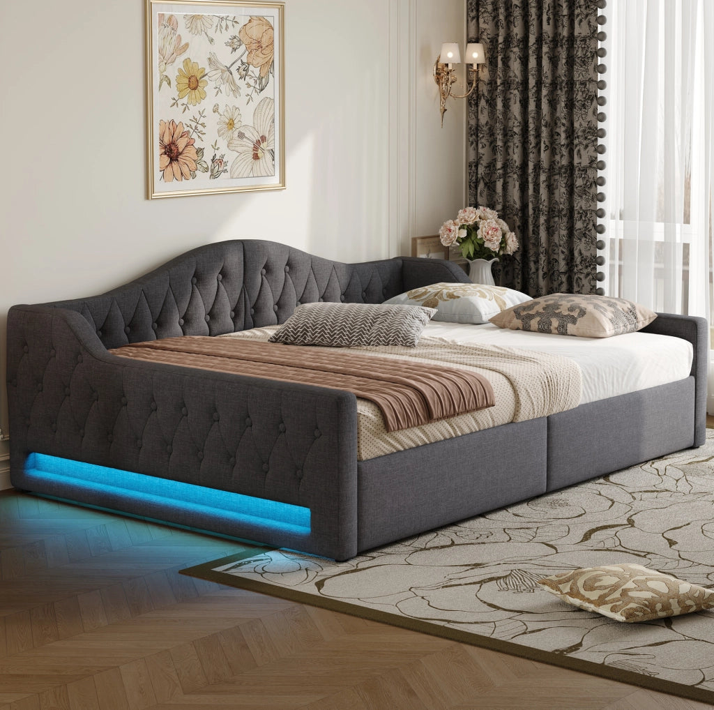 Divano letto con contenitore e LED; 140x200 cm; in MDF e lino grigio