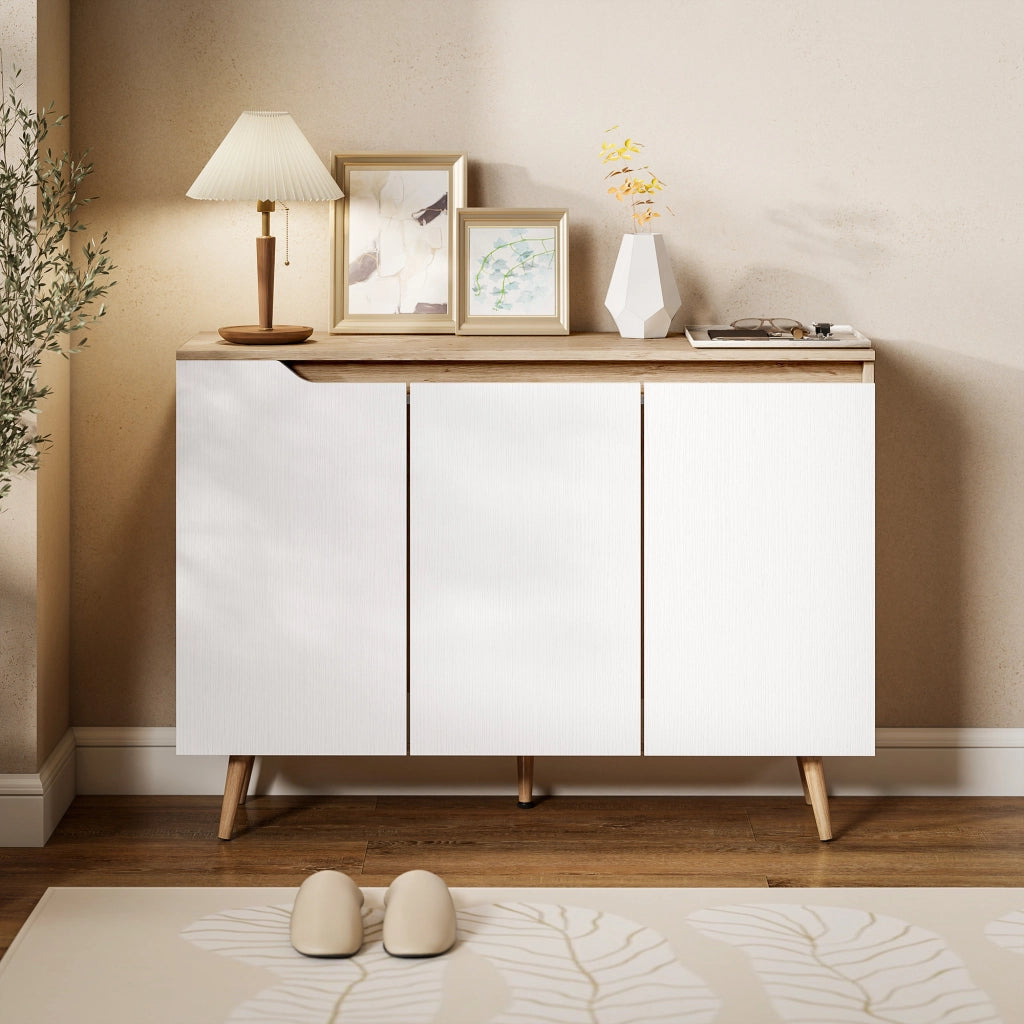 Credenza Moderna 107x35x76,5 cm a 3 Ante con 3 Ripiani Regolabili e 5 Gambe in Legno Bianco e Rovere