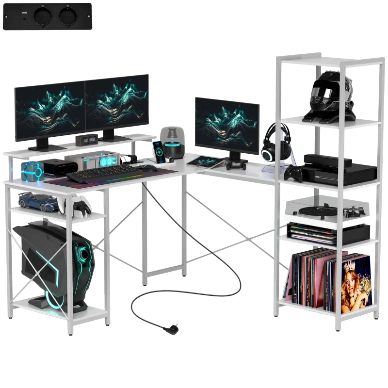 Scrivania angolare in legno con presa elettrica, porte USB e supporto monitor, per ufficio, bianco 137 × 140 × 139,5 cm