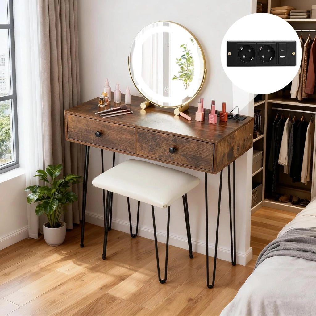 Toeletta Trucco con Specchio e Luci, Tavolo Trucco con Specchio Regolabile, Stazione di Ricarica Integrata, 2 Cassetti, Sgabello Imbottito, per Soggiorno Camera da Letto
