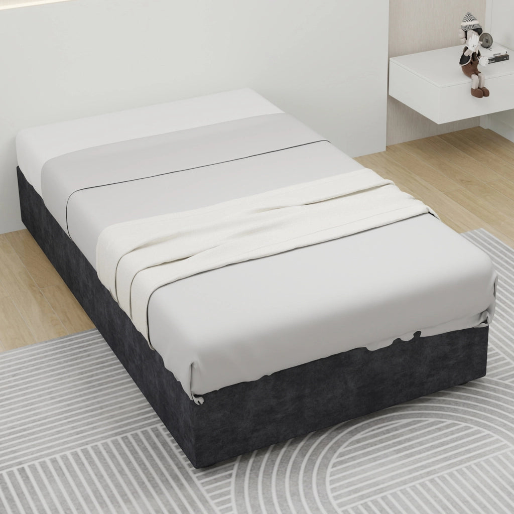 Letto Singolo 90x200 cm con Contenitore e Testiera Cartoon; in Tessuto e Metallo Grigio
