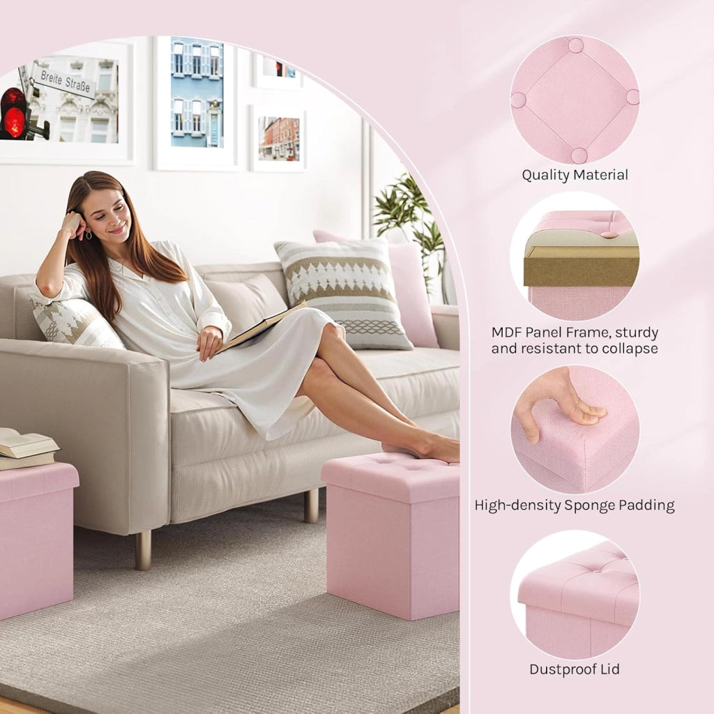 Set di 2 Panchetta con Contenitore, Pouf con Cassapanca, Scatola di Ripiano con Coperchio, Pieghevole, 43L, 37,5x38 x37,5cm, Resistenza fino a 300 kg, Tessuto Lino MDF, Rosa