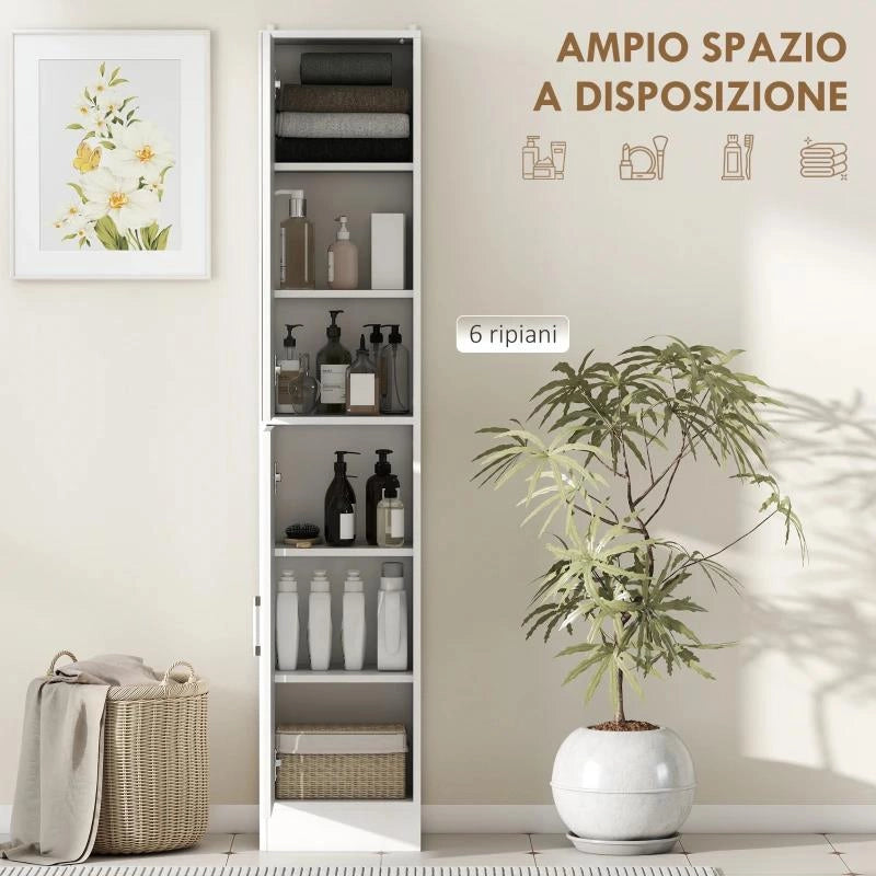MOBILE COLONNA BAGNO IN LEGNO A 5 RIPIANI CON ANTA A SPECCHIO APRIBILE, 32X28X162 CM, BIANCO